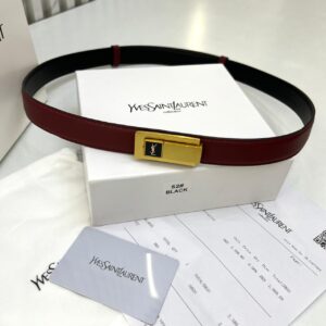 YSL Classic Slim Maroon Gold Signature Buckle Women's Belt